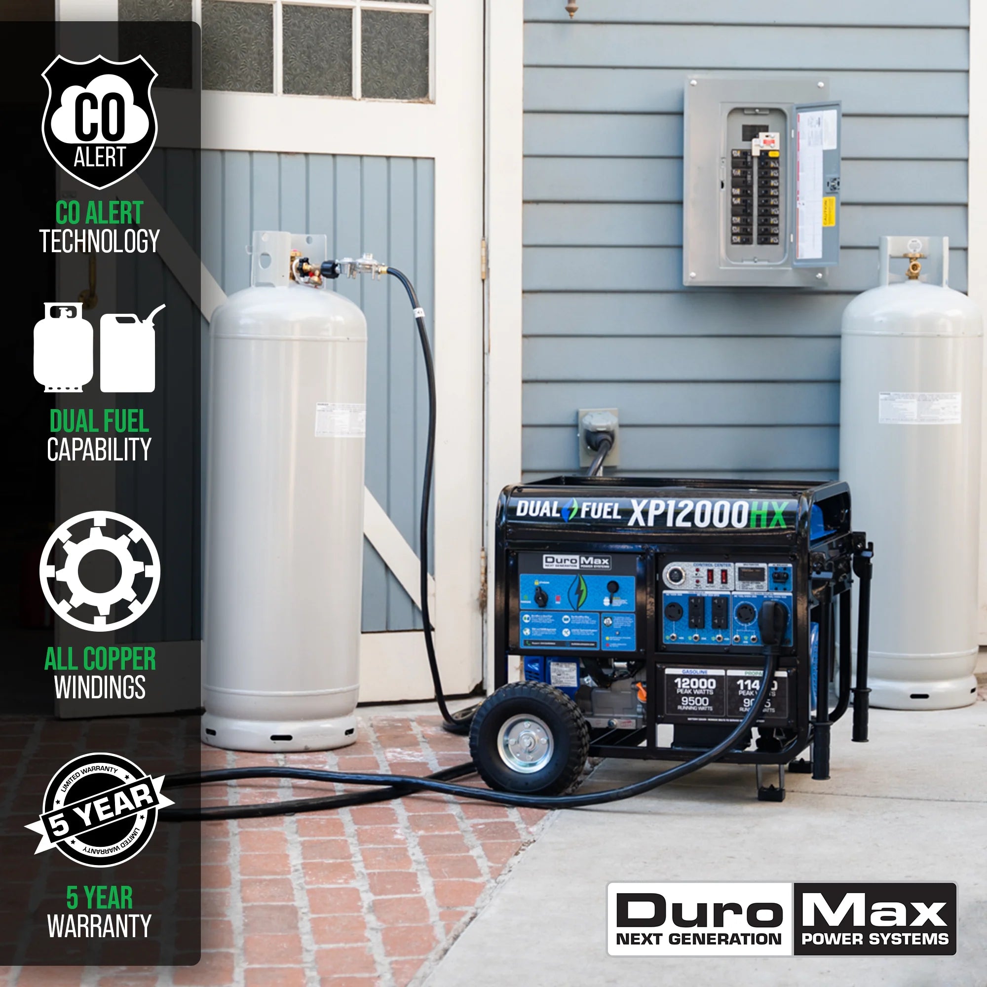 12000 Watt Dual Fuel Portable HX Generator w/ CO Alert - DuroMax