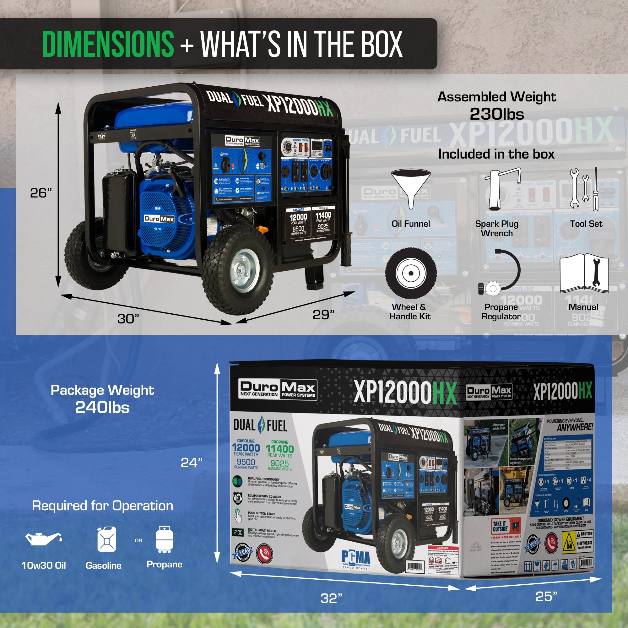 12000 Watt Dual Fuel Portable HX Generator w/ CO Alert - DuroMax