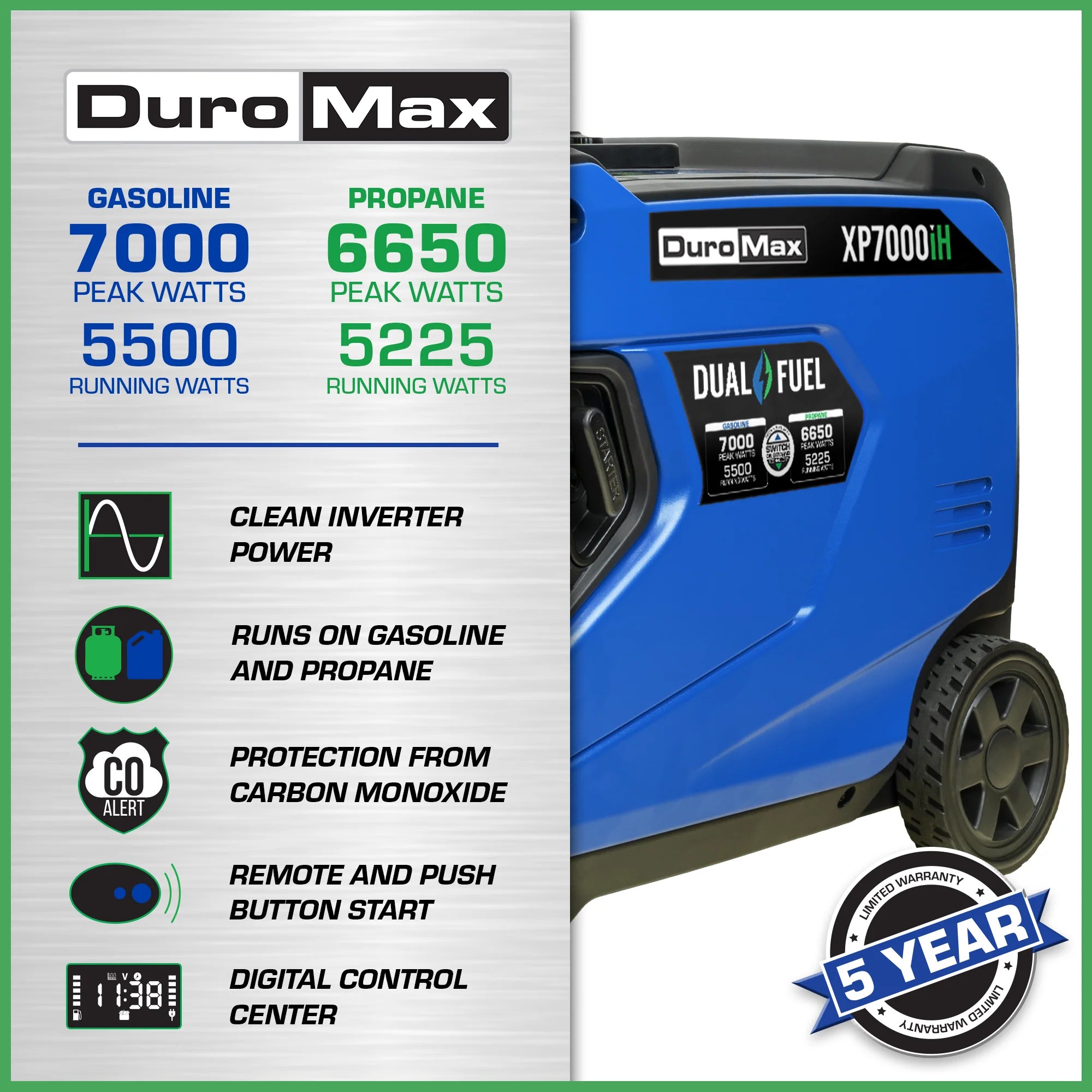 7000 Watt Dual Fuel Portable Inverter Generator w/ CO Alert - DuroMax